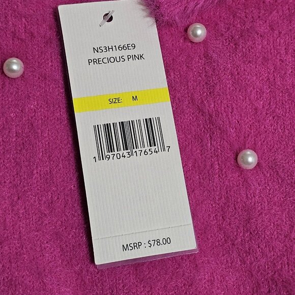 NWT Nanette Lepore Sweater Fuzzy Bright Pink Faux Pearl Womens M Embellished - Picture 6 of 7